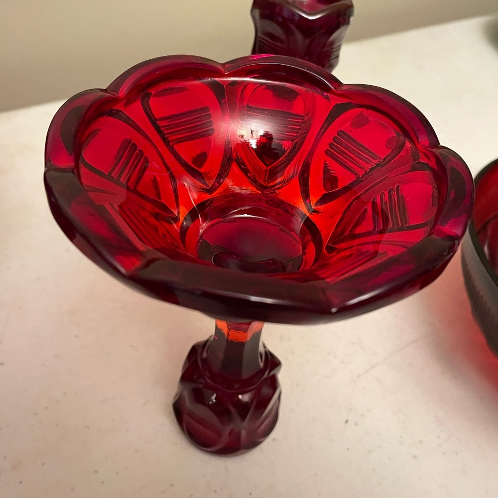 Fenton Glass. Barred tear drop design. Ruby Red Elegant Glass Candle Holders - Picture 2 of 5